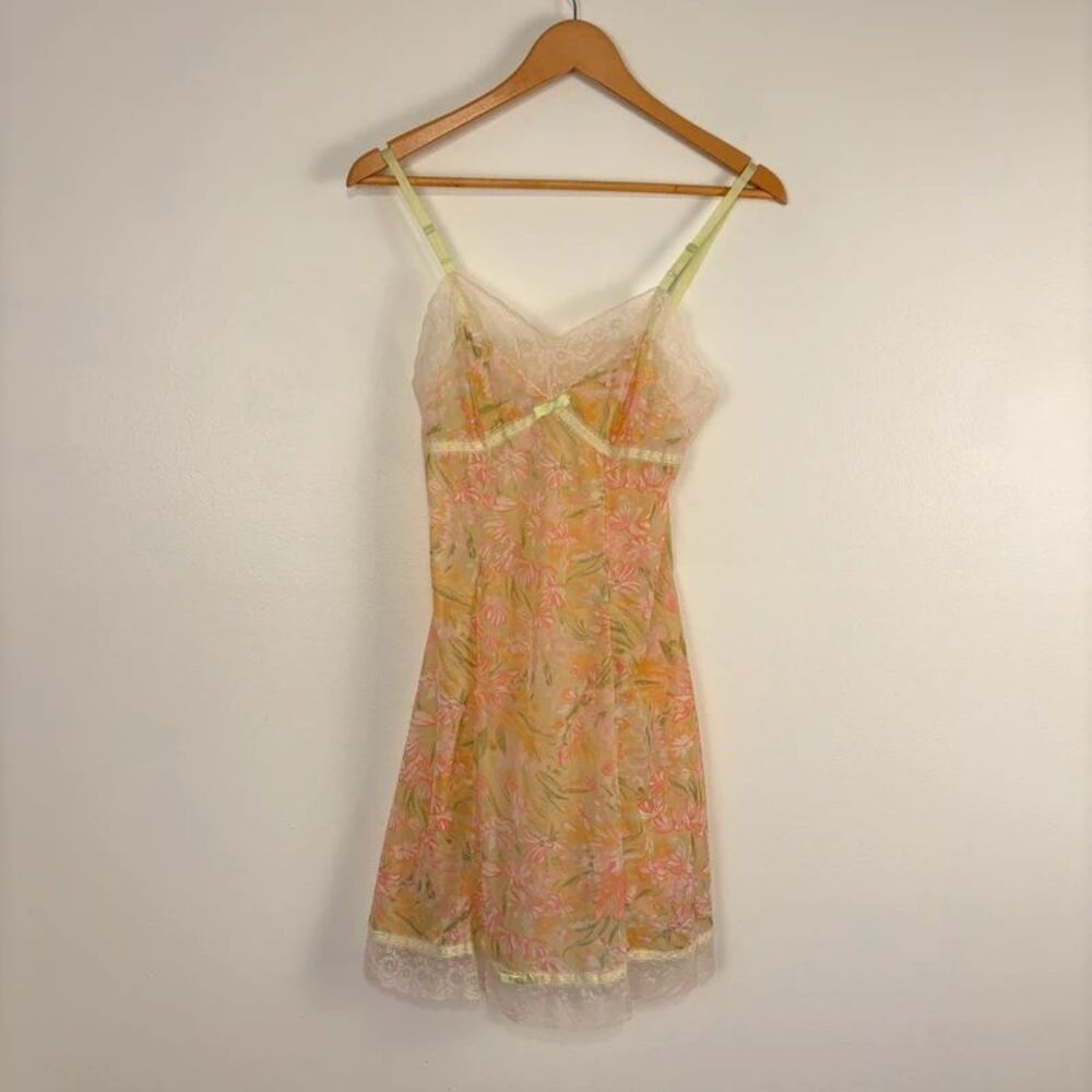 Rare VTG 70s Hollywood Vassarette Floral Slip Dress Lace Trim Mini S Coquette
